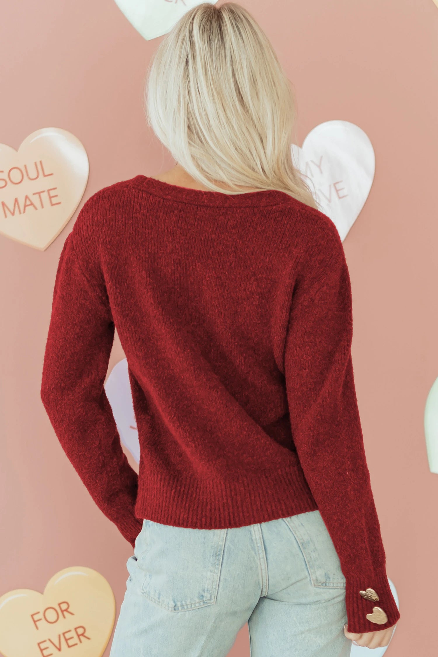 Margo - Red V-Neck Cardigan with Gold Heart Button