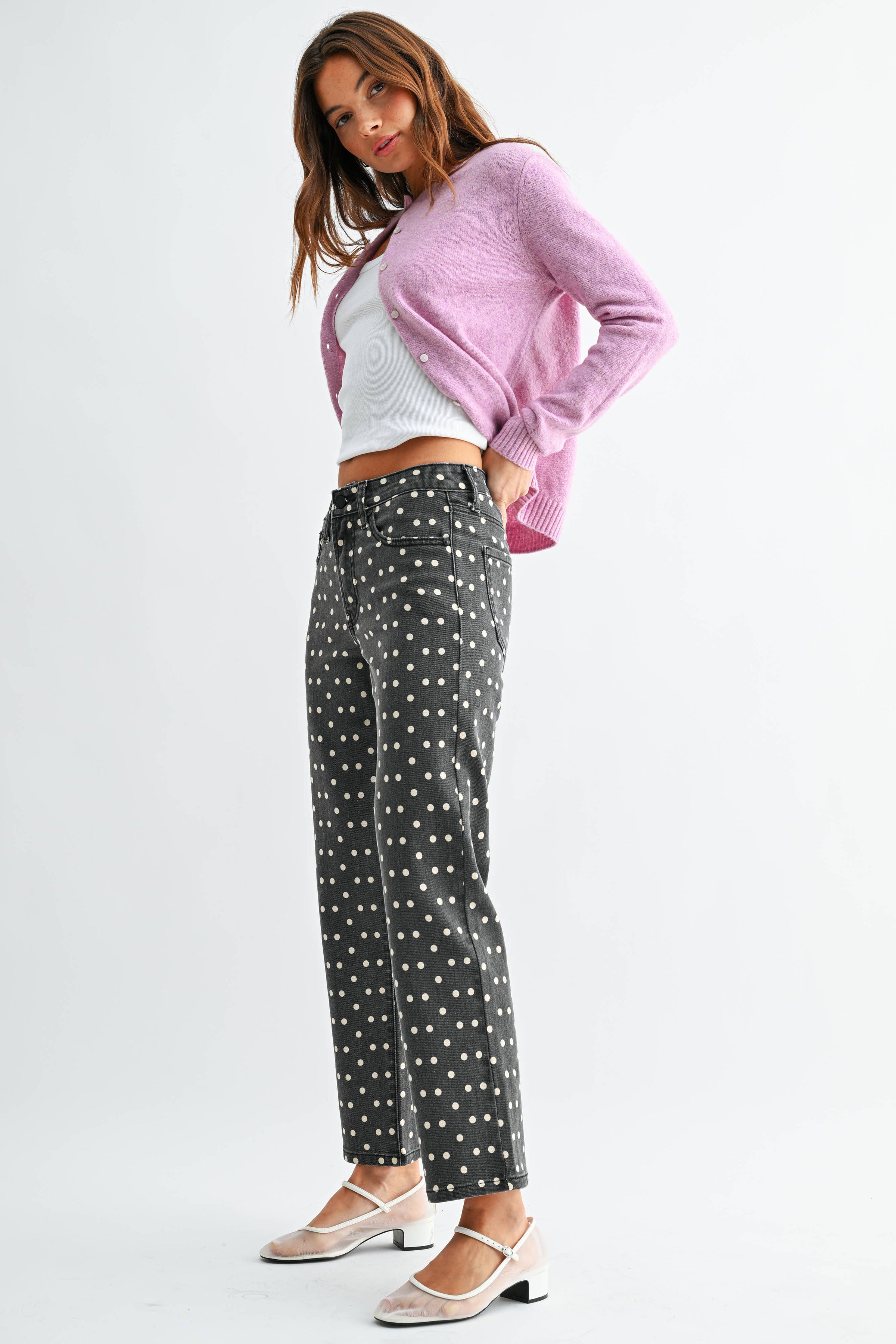 Bonnie - Black Polka Dot Vintage High Rise Straight Jeans