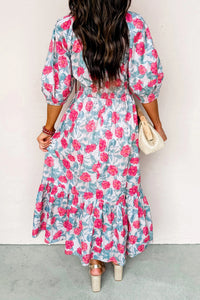 Hailey - Red Floral Puff Sleeve Midi Dress
