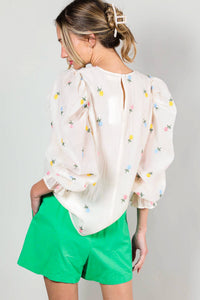 Madison - Floral Embroidered Long Puff Organza Blouse Top