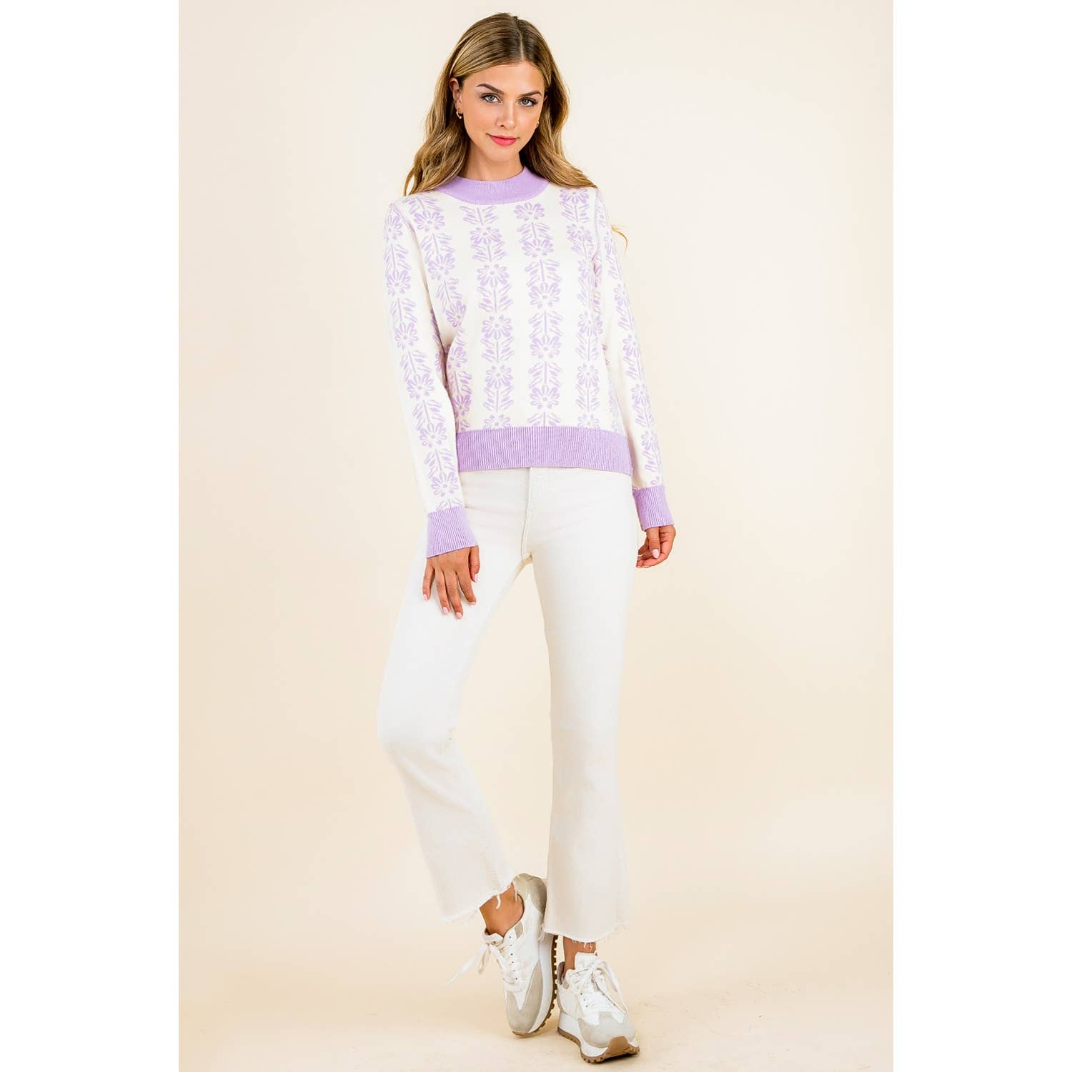 Leyla- Long Sleeve Floral Pattern Knit Pullover Sweater