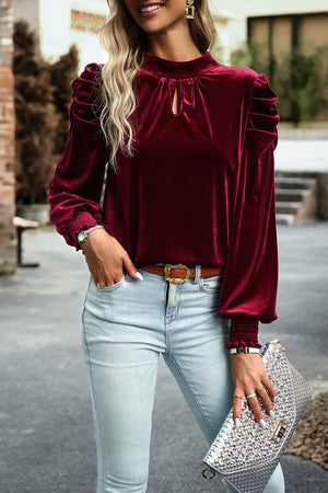 Amy Puff Sleeve Key Hole Velvet Blouse