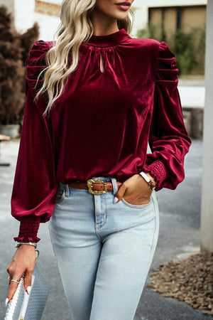 Amy Puff Sleeve Key Hole Velvet Blouse