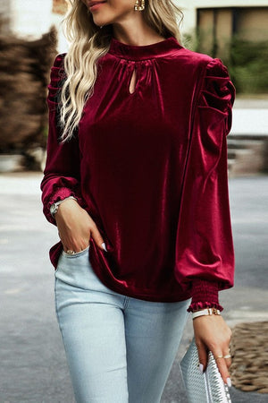 Amy Puff Sleeve Key Hole Velvet Blouse