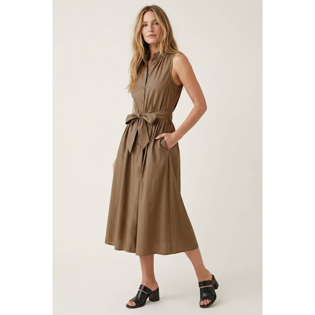 Michaela - Brown Sleeveless Belted Maxi Shirt Dress