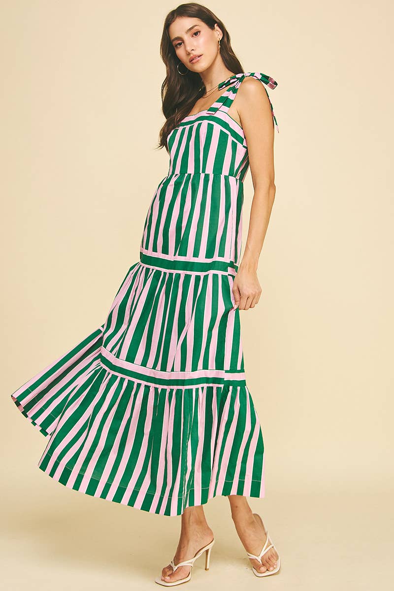 Sammie - Green and Pink Striped Tiered Maxi Dress