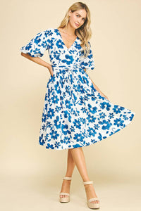 Carolina - Blue and White Floral Midi Dress