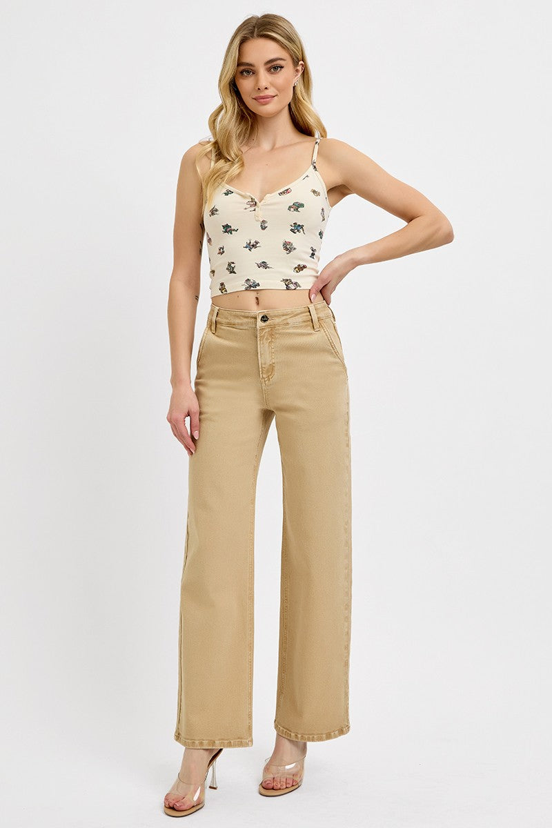 Latte-Risen Tummy Control Mid Rise Fit Ankle Baggy Pants