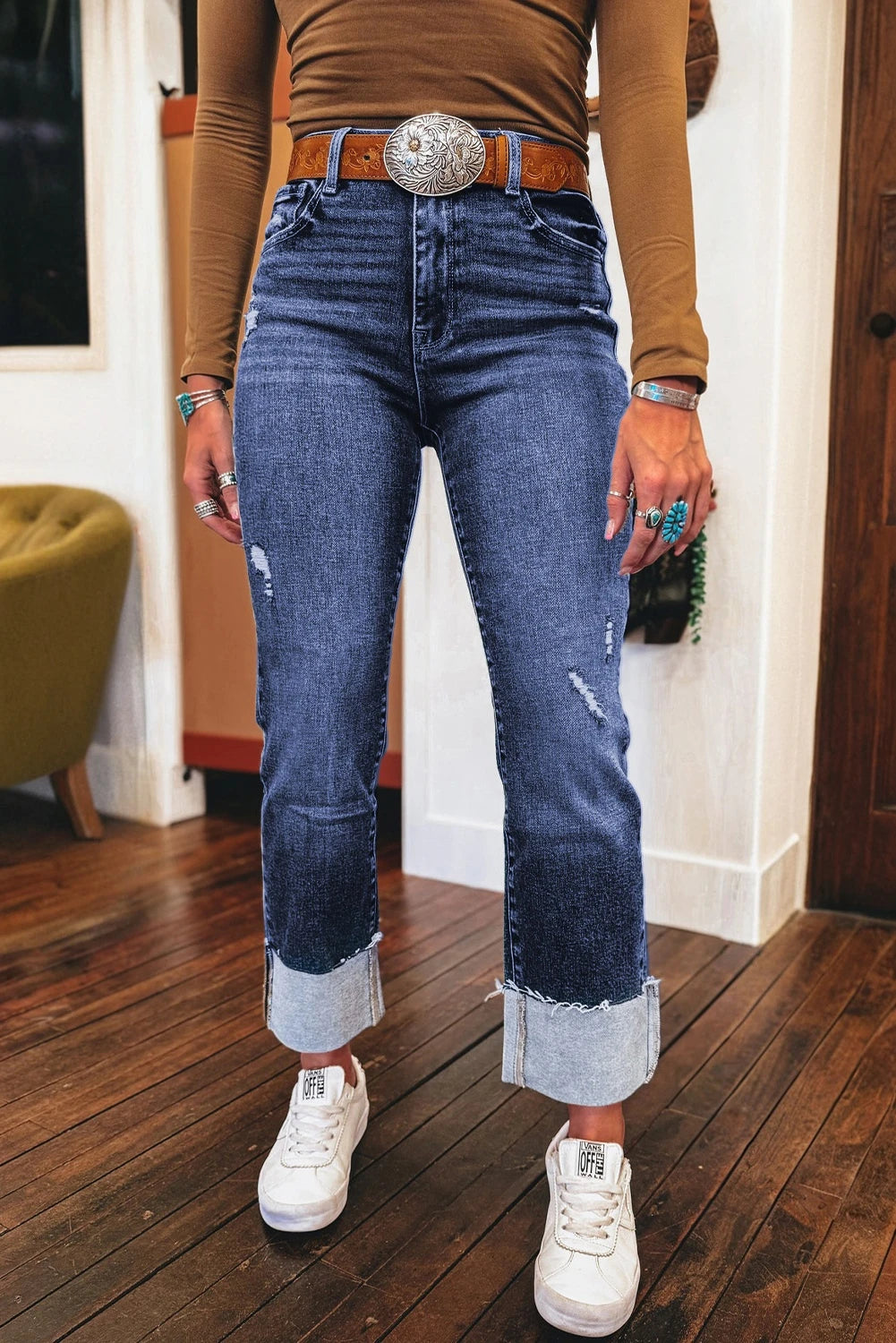 Sabrina - Folded Cuffs Distressed Straight High Waist Jeans