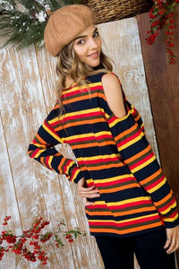 Sally - Multi Print Twist Front Cold Shoulder Knit Top