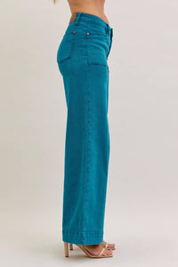 Freya - Teal Mid Rise Utility Wide Jeans