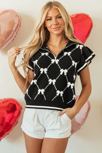 Heather- Black Chevron Pattern Bow Print Zipped Collar Sweater Top