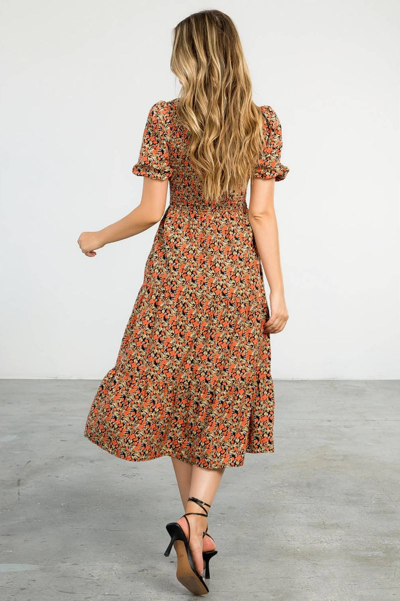 Agnes-Smocked Floral Print Midi Dress