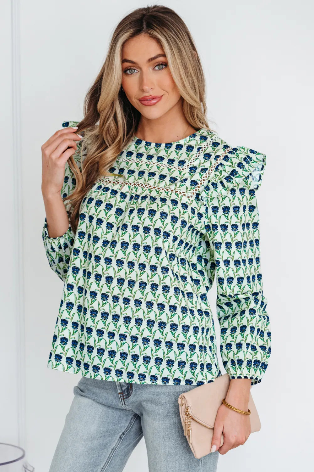 FREYA - Green Floral Round Neck Lace Ruffle Puff Sleeve Blouse