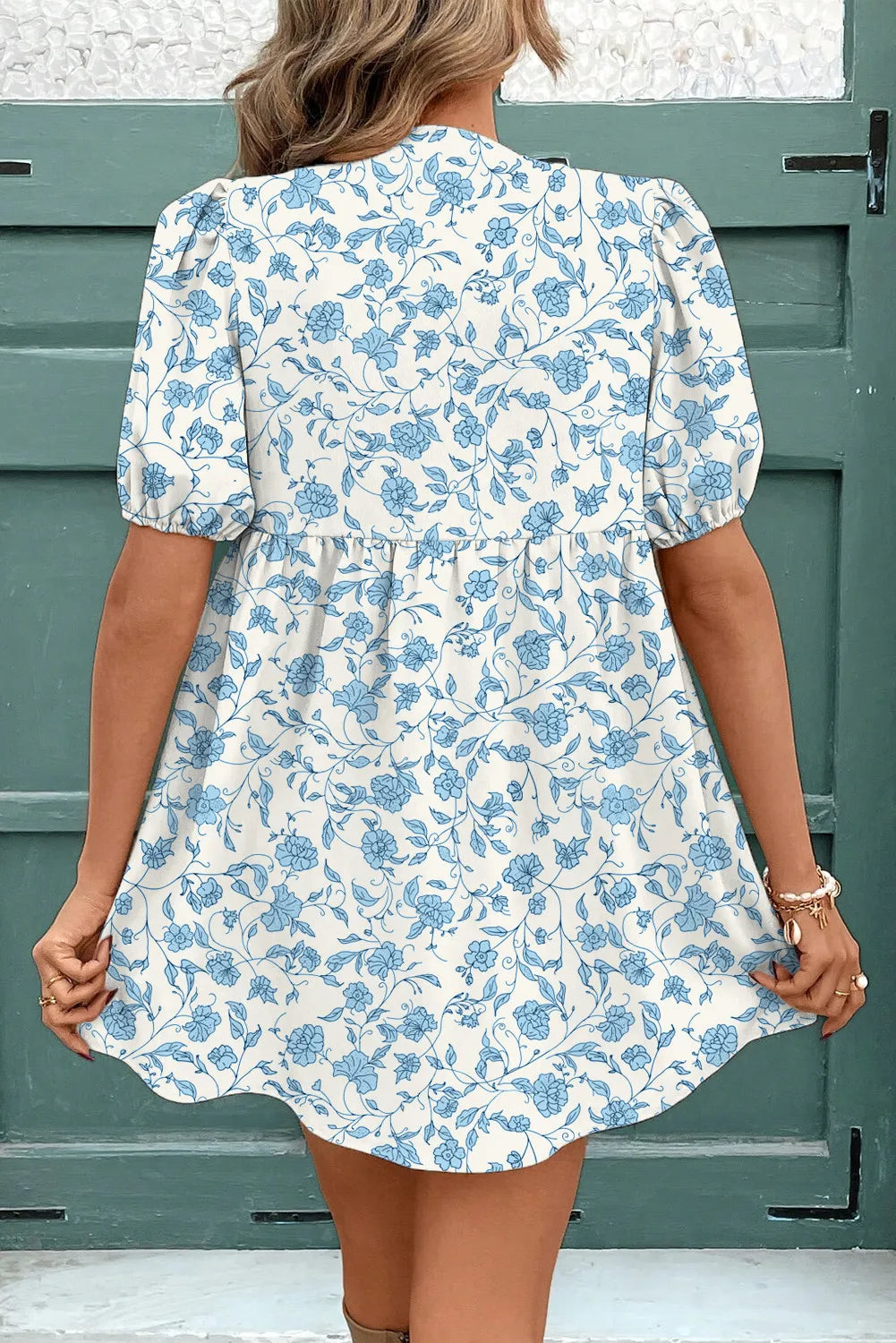 Joanna - Floral Contrast Bow Puff Sleeve Mini Dress