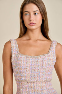 Sloane - Pastel Sequin Braid Detailed Round Neck Tweed Jacket & Mini Dress Set