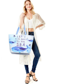 Tote de verano con estampado de ballenas "Let's Run Away To The Sea"