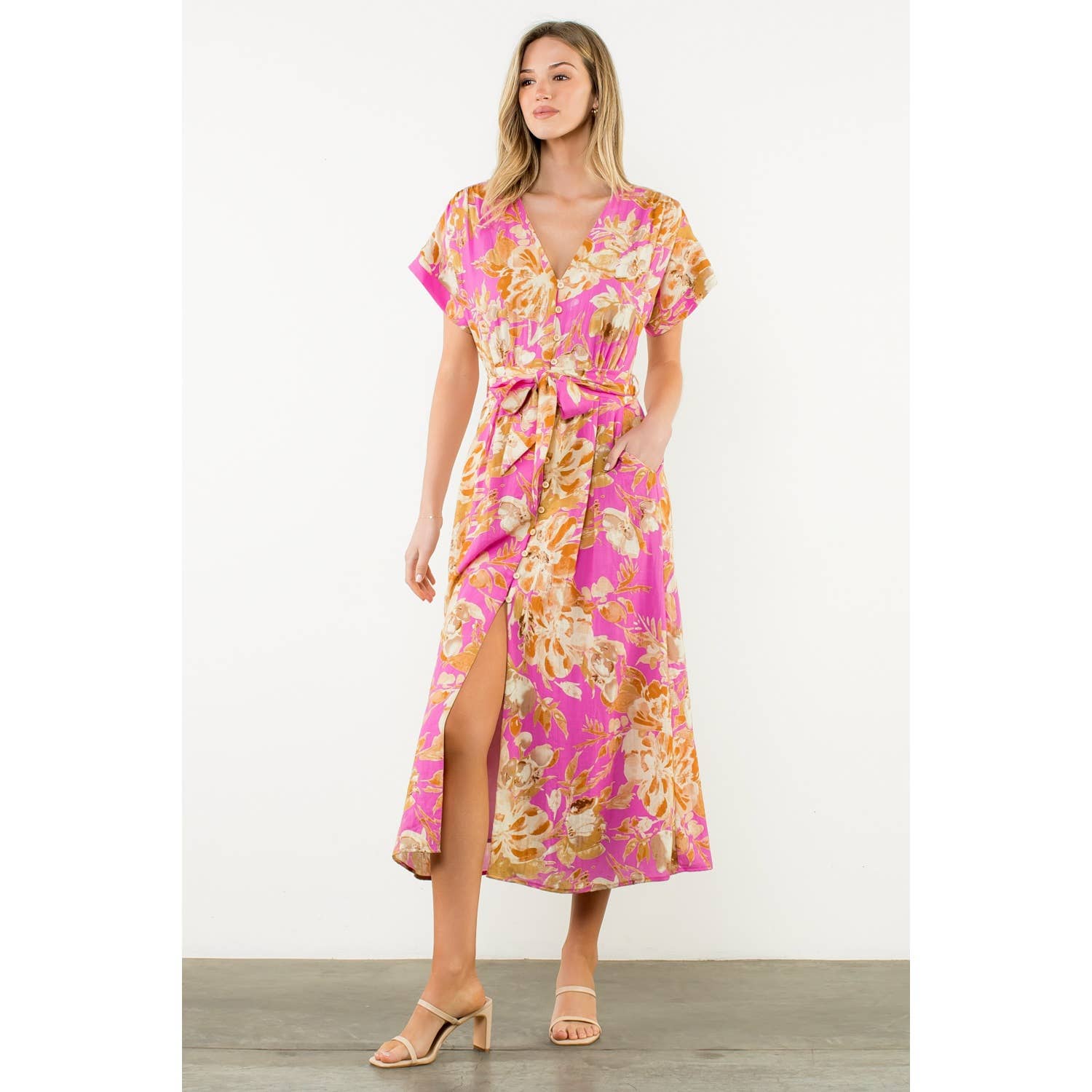Jaylen - Belted V-Neck Floral Button Dress