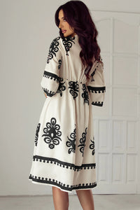 Annie - Beige Geometric Print 3/4 Sleeve Midi Dress