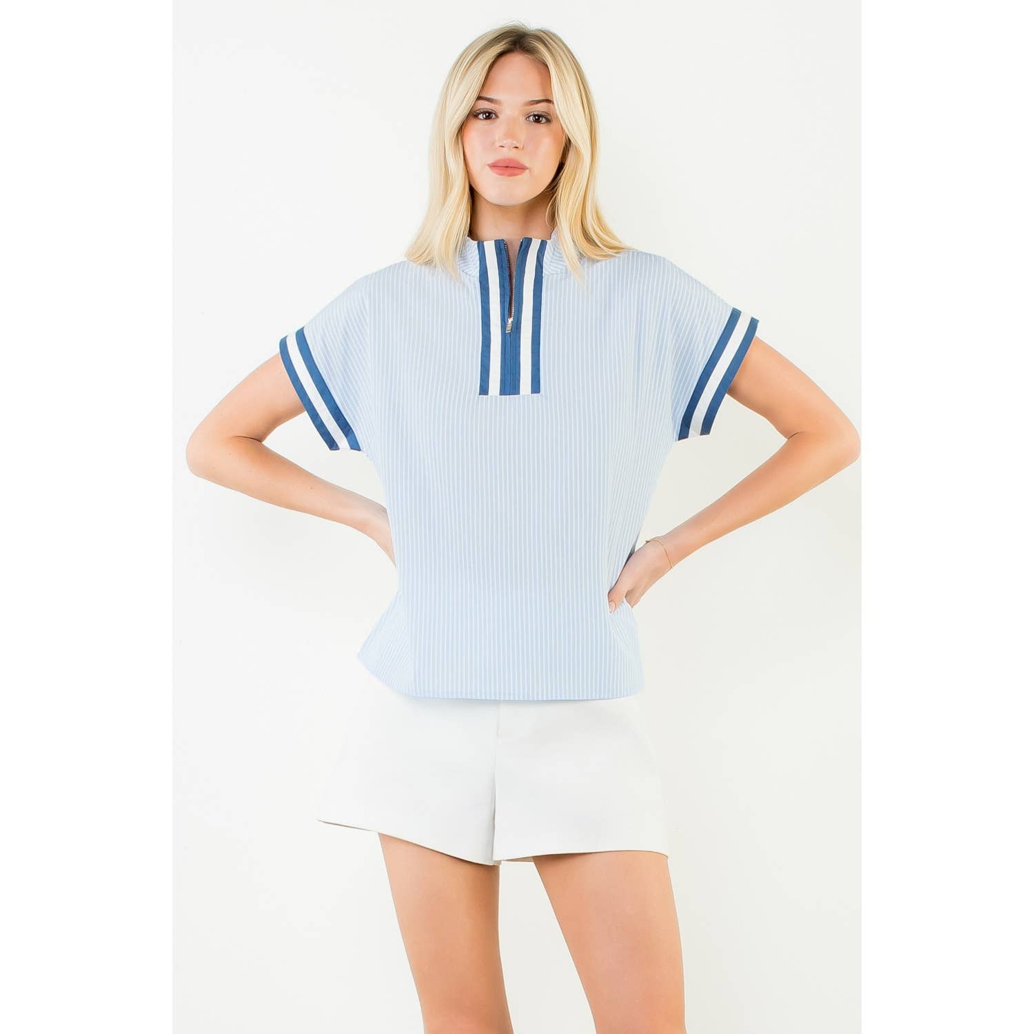 Ally-Short Sleeve Striped Half Zipper Top