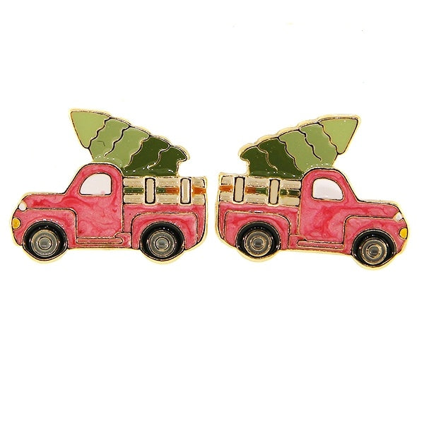 Pink Truck with Christmas Tree Earrings