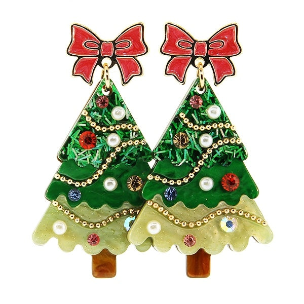 Pink Bow Christmas Tree Earrings