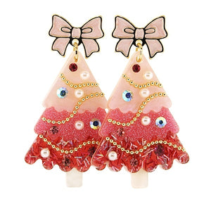 Pink Bow Pink Christmas Tree Earrings