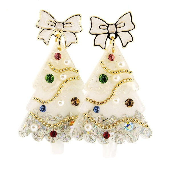 White Bow Christmas Tree Earrings