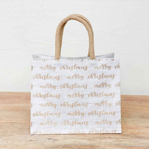 Merry Christmas Script Gift Tote   White/Gold  12x10x8