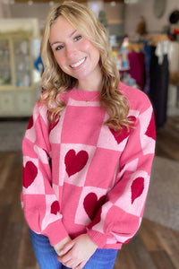 Mae An - Pink & Heart Checkered Valentine Crew Neck Sweater