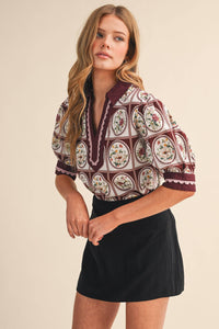 EMILY- EXCLUSIVE PRINT CONTRAST BINDING SCALLOP TRIM TOP