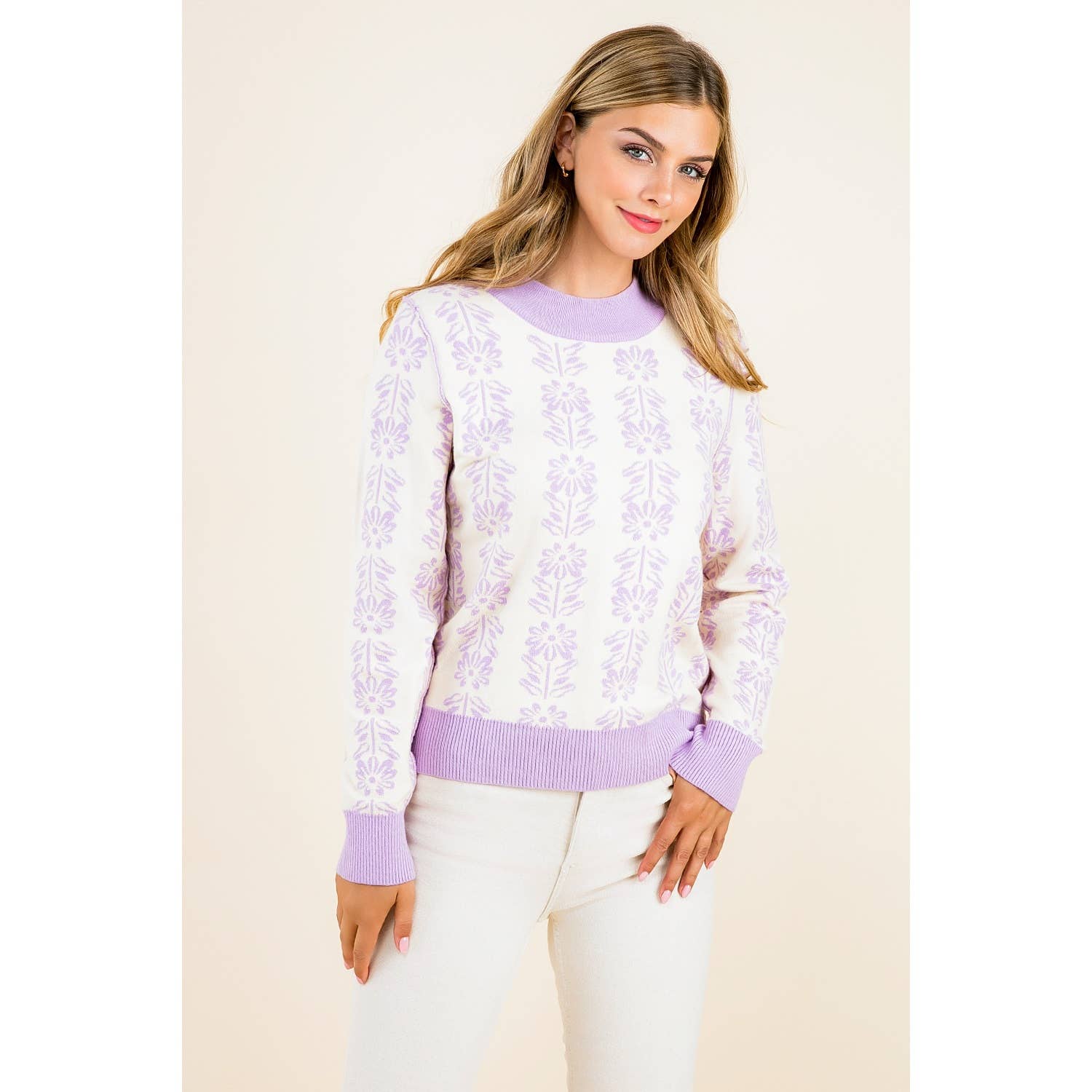 Leyla- Long Sleeve Floral Pattern Knit Pullover Sweater
