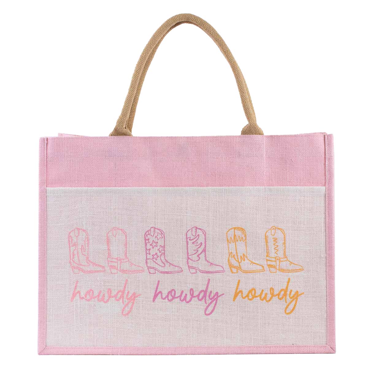 Howdy Cowgirl Jute Pocket Tote    White/Pink/Orange   19x14x7.5