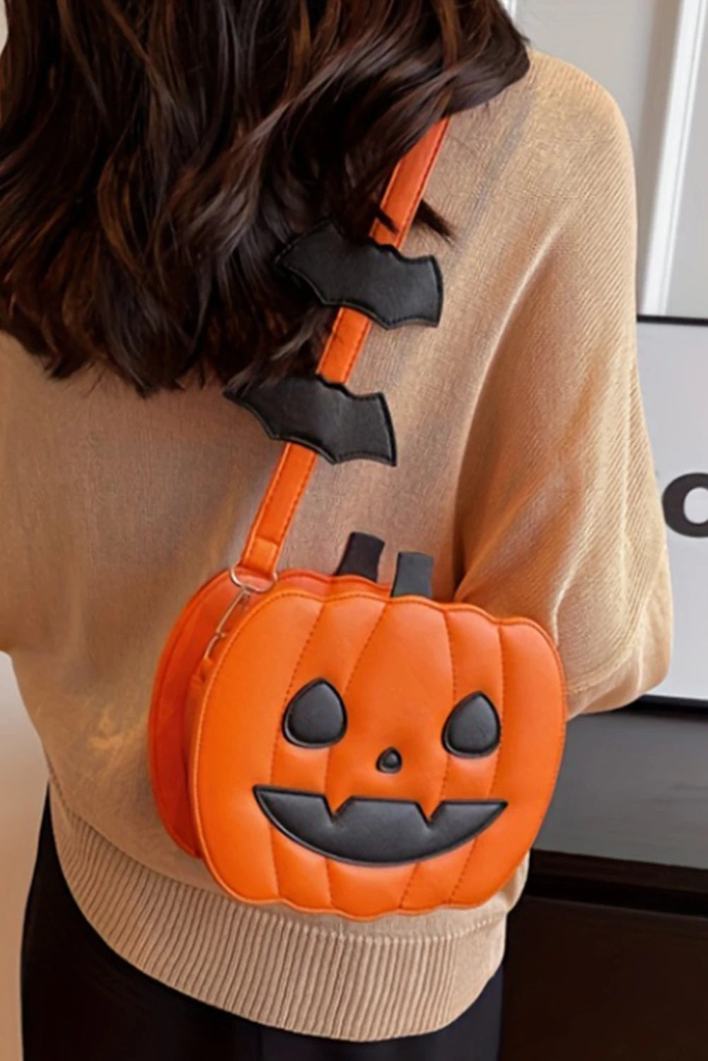 Halloween Jack-O-Lantern Faux Leather Stitched Shoulder Bag