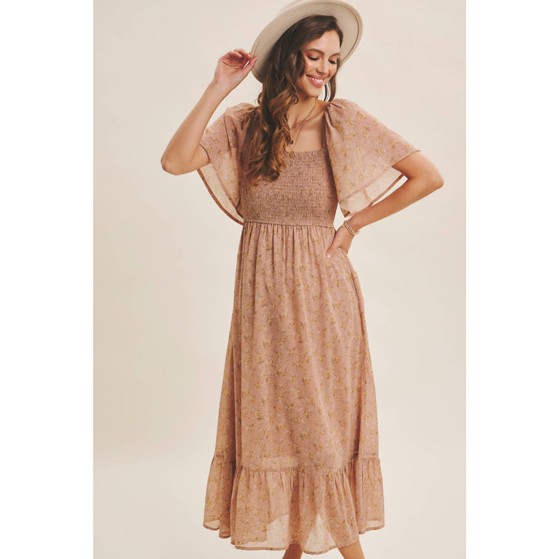 Ariana Square Neck Floral Chiffon Smocked Midi Dress