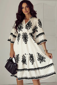 Annie - Beige Geometric Print 3/4 Sleeve Midi Dress