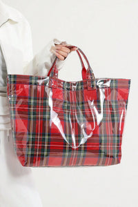 Red Plaid Glossy Waterproof Tote Bag - Large Shoulder Tote for Work, Travel & Holiday