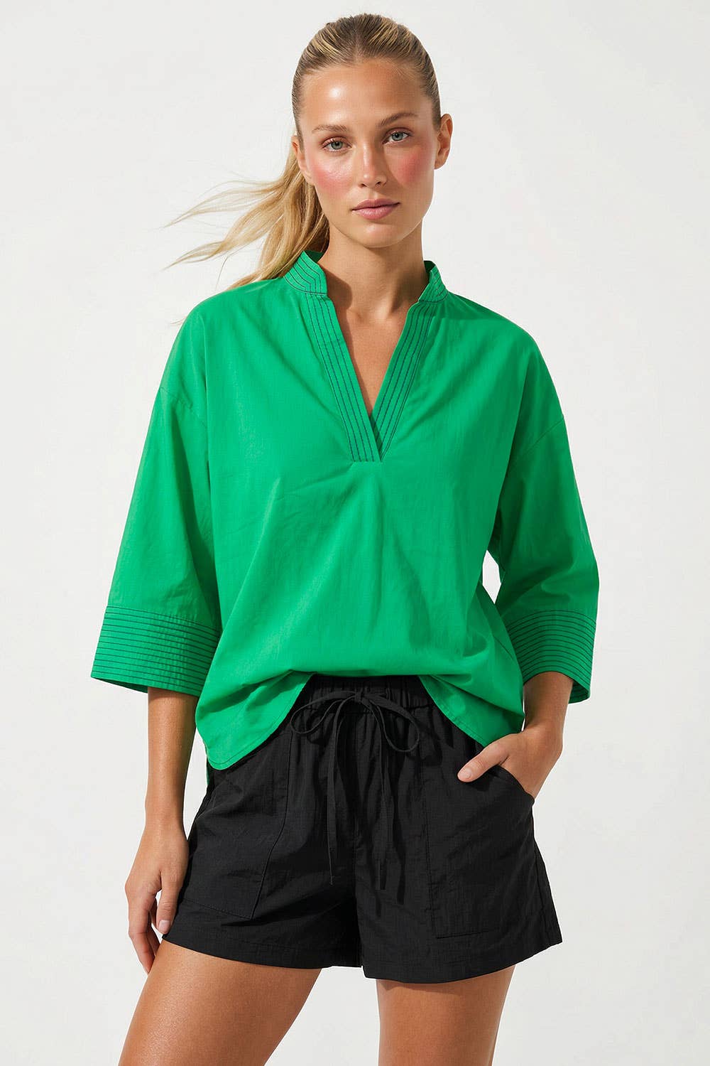 Riley - Contrast Stitch Detail Popover Blouse