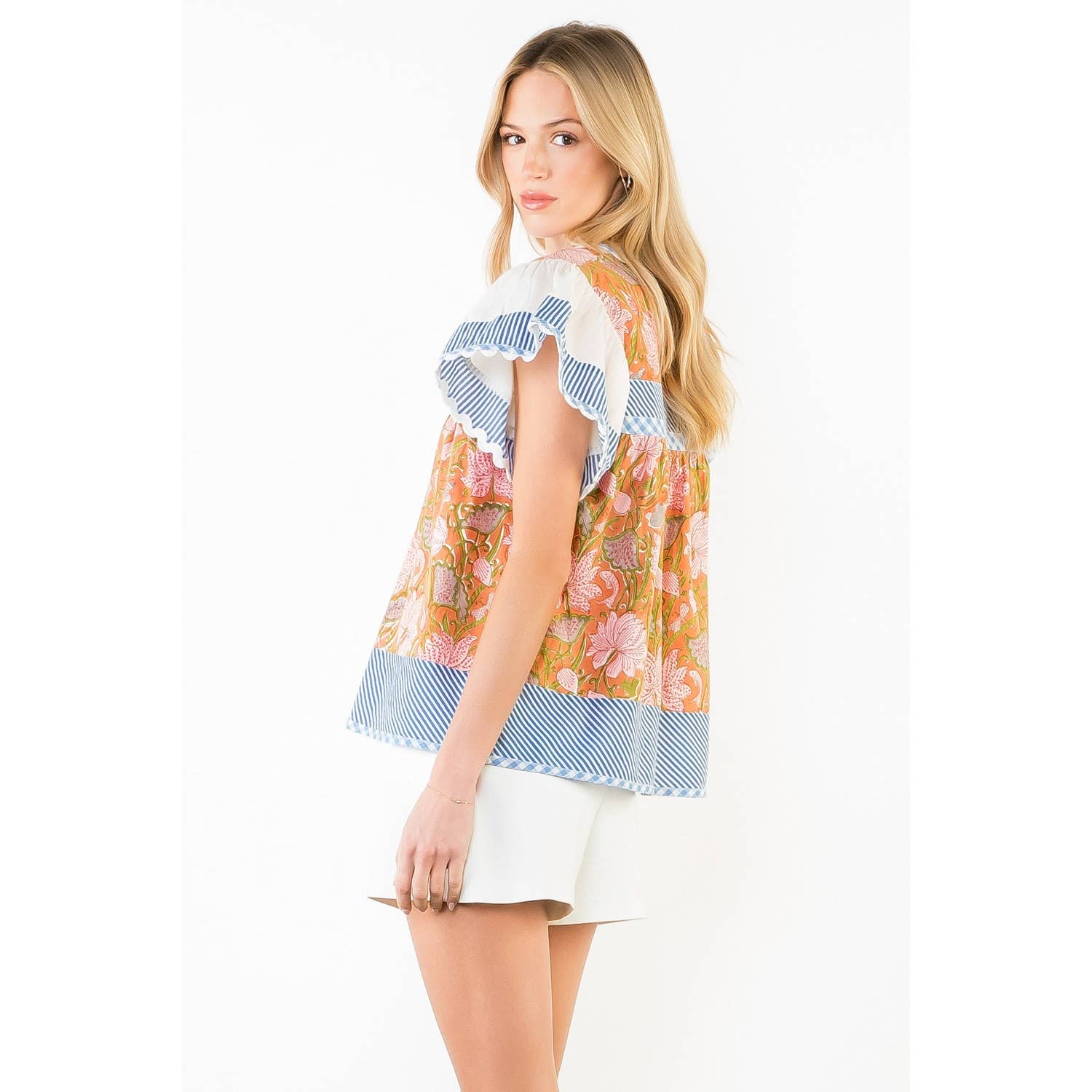 McKenna - Flowy Sleeve Mixed Media V-Neck Top