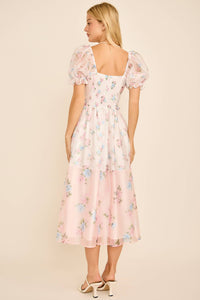 Cassy Floral print colorblock midi dress with puff short sleeves