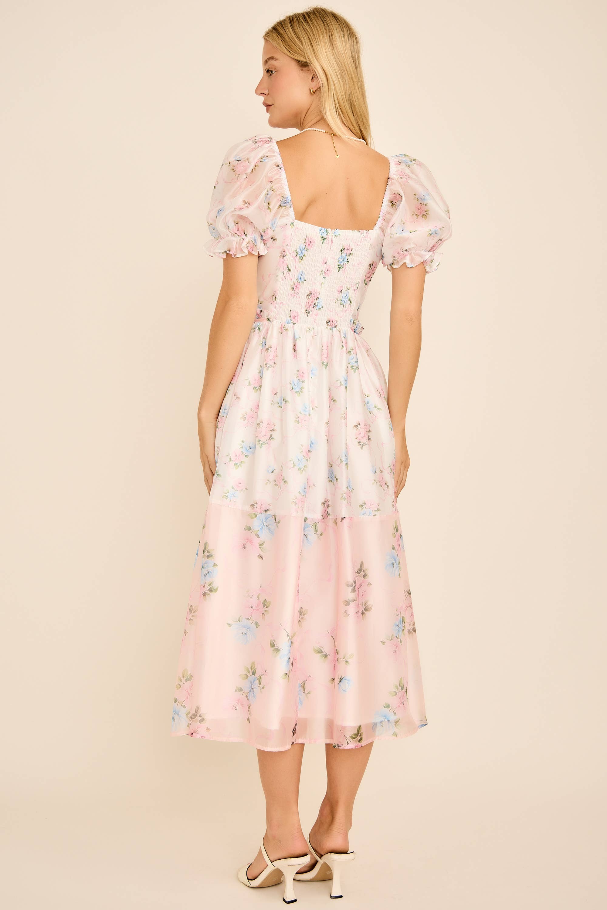 Cassy Floral print colorblock midi dress with puff short sleeves