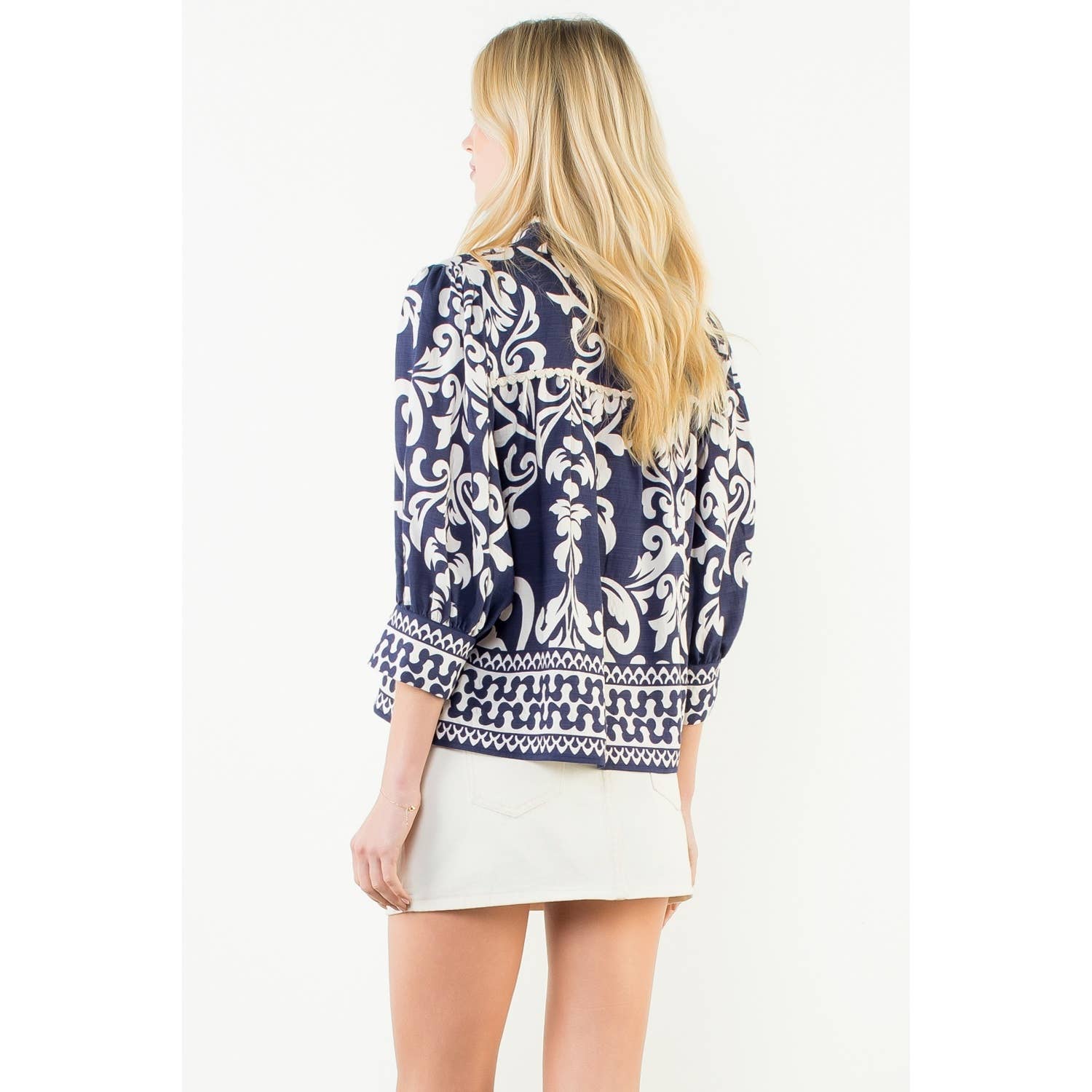 Nicolette - Long Sleeve Lace Trim Print Top