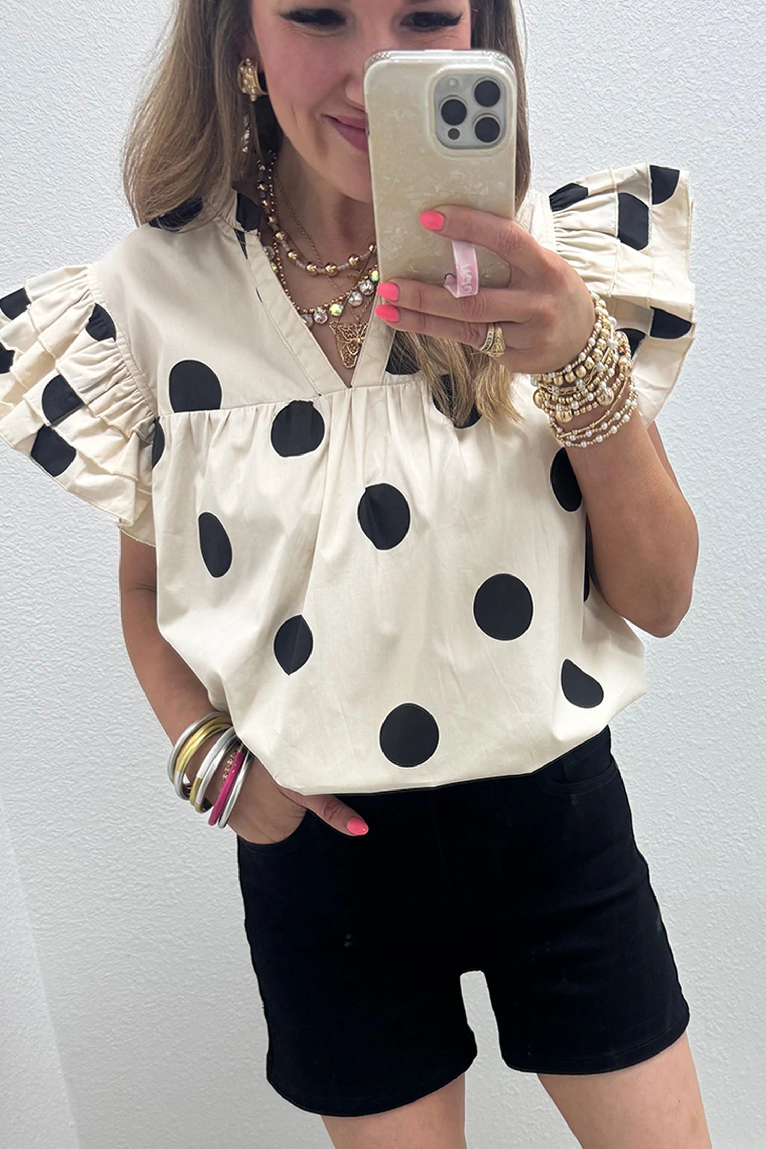 Ava - Polka Dot V-Neck Ruffle Sleeve Blouse
