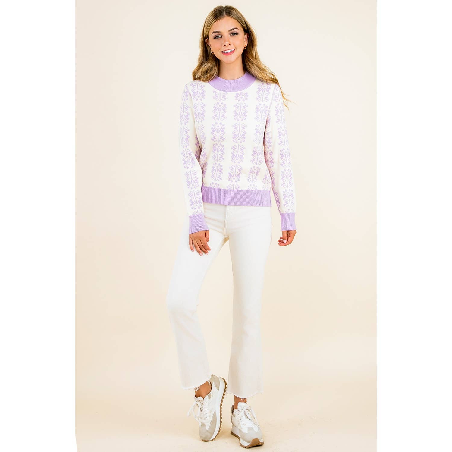 Leyla- Long Sleeve Floral Pattern Knit Pullover Sweater