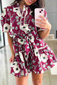Ronan - Red Floral Print Trimmed Short Puff Sleeve Mini Dress with Tie