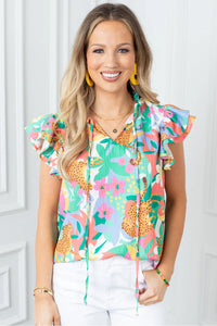 Marcey - Green Frilly Ruffle Tie Split Neck Summer Floral Blouse