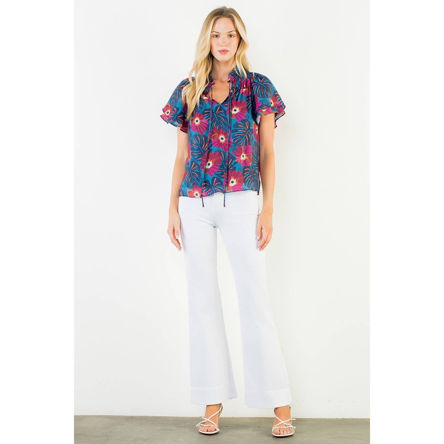 Sarah - Fluttered Floral Tie Front Top