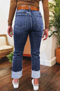 Sabrina - Folded Cuffs Distressed Straight High Waist Jeans