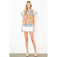 McKenna - Flowy Sleeve Mixed Media V-Neck Top