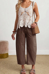 Miranda - Coffee Solid Color Square Patch Pocket Ankle-length Barrel Jeans